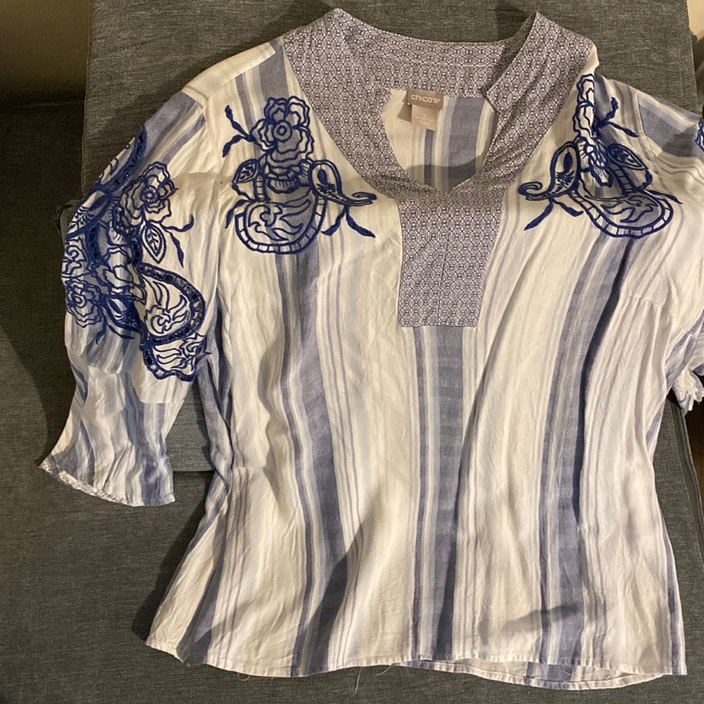 Chico’s Blue & White Embroidered Blouse